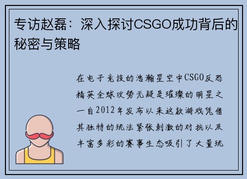 专访赵磊：深入探讨CSGO成功背后的秘密与策略